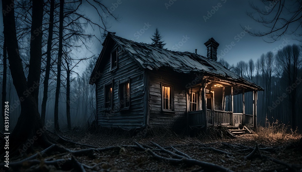 Obraz premium Eerie Abandoned House in the Woods: A Perfect Horror Scene