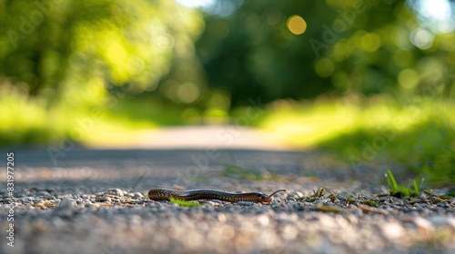 Close up of a worm moving across a gravel path in a park in the summer. Generative Ai photo