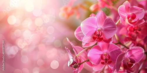 close-up of a branch of pink orchids  with a blurred pink and purple background flowers are set against a white and pink color palette  with highlights and shadows creating depth and texture