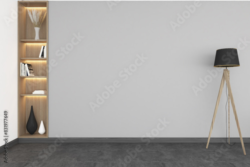 3d render of light gray wall mock up with corner recessed book shelves and standing lamp. Wood parquet floor and white ceiling. Set 4 photo