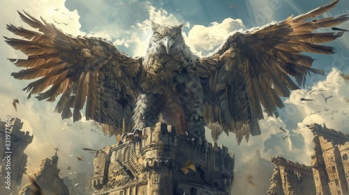 Ferocious griffin perched on a crumbling castle tower, its wings spread wide in a defensive stance photo