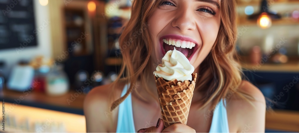 Woman enjoying delicious ice cream I like ice cream Woman enjoying delicious ice cream I like ice cream