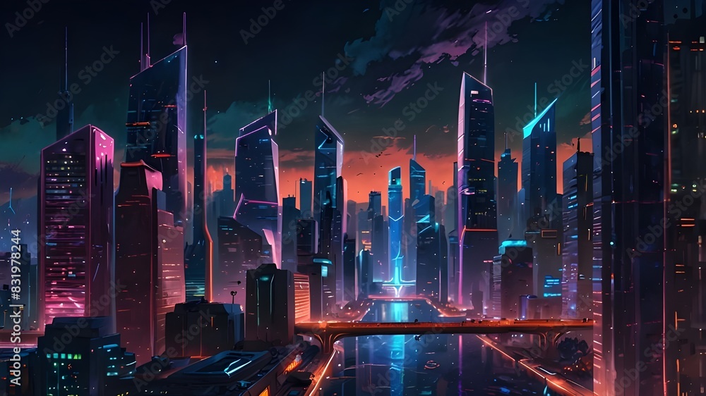 Fototapeta premium Neon lights, flying autos, and skyscrapers make up the futuristic fantasy world's spectacular evening skyline in cyberpunk city. 3D illustration in digital art. painting in acrylic. 