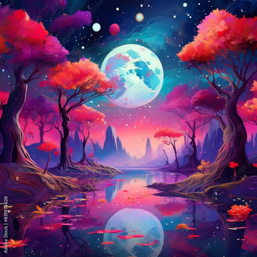 A painting of a lake with trees and a full moon in the background