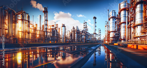 chemical industry architecture with pipes and vessels, refinery, oil, gas, biology, banner, panorama, background, generative ai