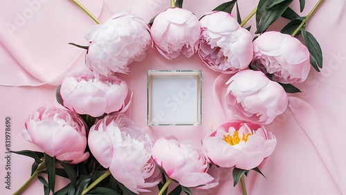 Beautiful pink peonies on a pink pastel background place for text flat lay