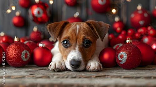 Christmas holiday pup - Puppy surrounded by decorations 