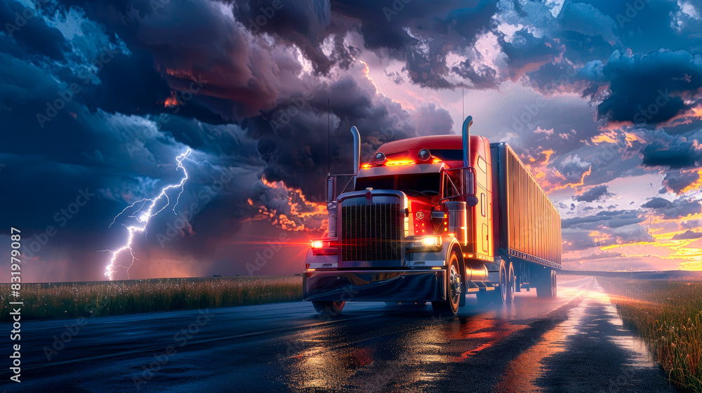 Red truck driving on a highway with dark stormy sky and lightning . Red truck driving on a highway with dark stormy sky and lightning .