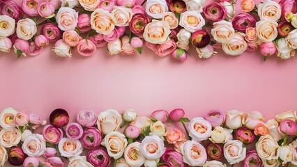 Flowers composition border pattern made of roses and ranunculus flowers on pink background flat lay top view
