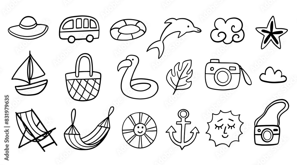 Obraz premium Cute Beach Shapes Summer Boho Doodle Sketch Set