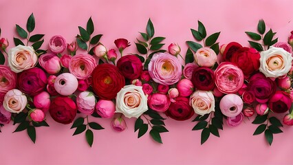 Flowers composition border pattern made of roses and ranunculus flowers on pink background flat lay top view