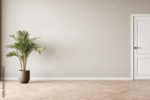 A serene room with herringbone floor  featuring a potted plant by a plain wall adjacent to a closed white door  3d render.