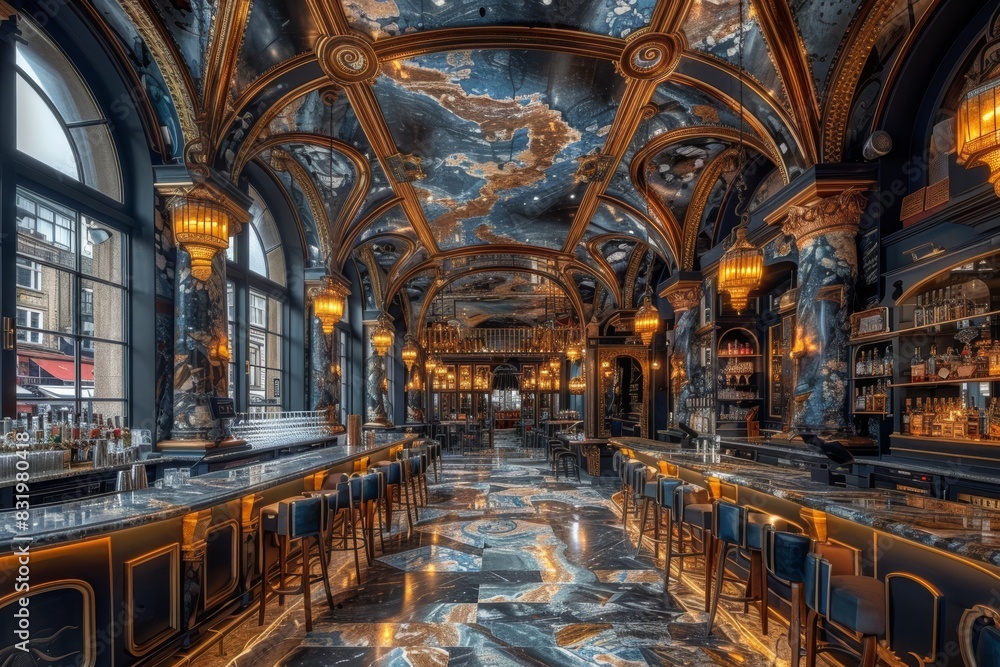 Obraz premium Majestic bar interior with ornate ceiling, luxurious furnishings, and ambient lighting, capturing the grandeur and opulence of a historic venue, perfect for upscale gatherings and events