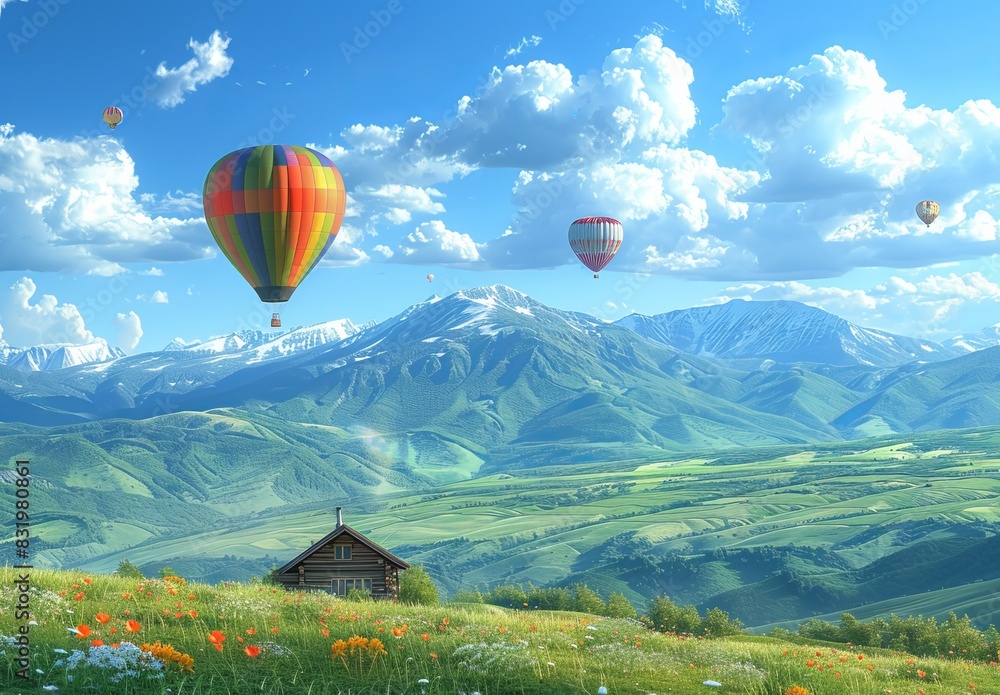 Fototapeta premium Colorful hot air balloons over green rice field,Hot Air Balloon Ride in blue sky white clouds background for wide banner of travel agency or adventure tour,Aerostat flying above clouds.