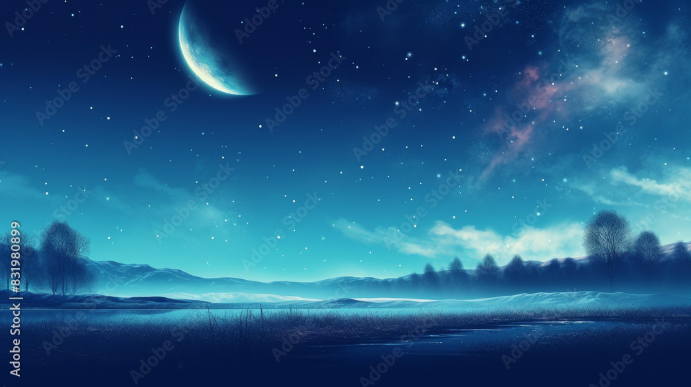 Explore the beauty of Pluto with this dreamy illustration, featuring icy plains and twinkling stars in a clean backdrop.