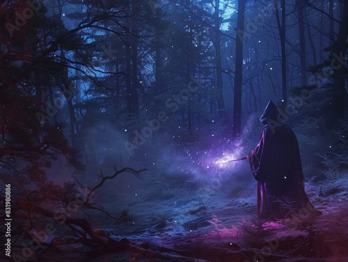A sorcerer casts a spell with a glowing wand in a dark forest.