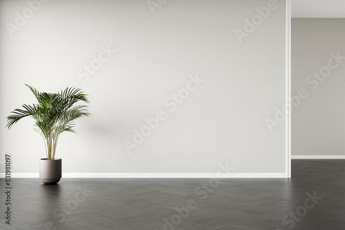 Fototapeta Naklejka Na Ścianę i Meble -  Minimalist interior design concept with a potted plant in an empty room with plain walls and dark wooden flooring, 3d render.