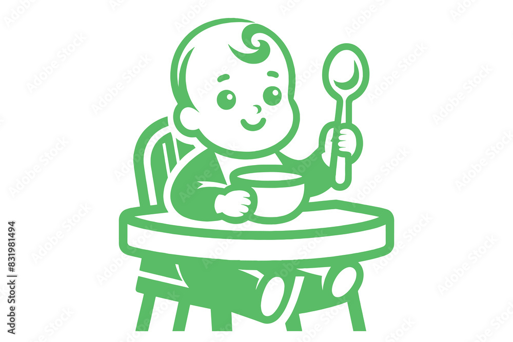 Baby feeding logo, icon. Vector illustration. Baby with spoon and bowl sitting on high chair Baby feeding logo, icon. Vector illustration. Baby with spoon and bowl sitting on high chair