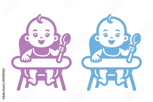 Baby feeding logo, icon. Vector illustration.  Baby with spoon sitting on high chair