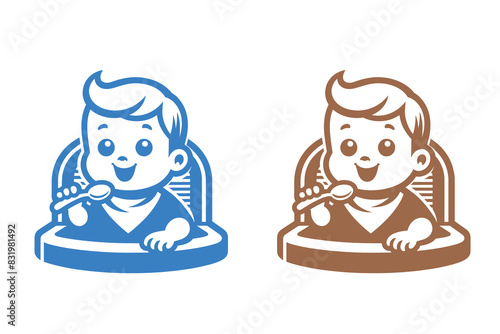 Baby feeding logo, icon. Vector illustration.  Baby with spoon sitting on high chair