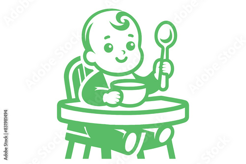 Baby feeding logo, icon. Vector illustration.  Baby with spoon and bowl sitting on high chair