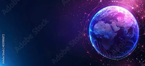 Wallpaper Mural 3D rendering of the Earth with purple and blue colors on a dark background, a digital backdrop products or social media banner templates. A globe surrounded by glowing connection lines Torontodigital.ca