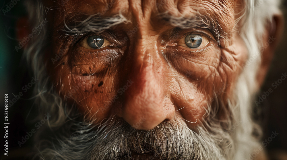 An old man in whom time seems to have stopped in his deep wrinkles and wise eyes. His gaze penetrates the centuries, emanating wisdom and life experience An old man in whom time seems to have stopped in his deep wrinkles and wise eyes. His gaze penetrates the centuries, emanating wisdom and life experience