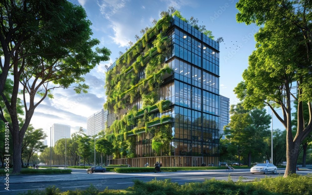 Urban office building with eco-friendly architectural design and trees for CO2 reduction on blue sky background Urban office building with eco-friendly architectural design and trees for CO2 reduction on blue sky background