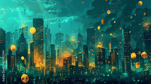 A stylized cityscape showered with a variety of digital coins showcasing the diverse opportunities and potential growth brought about by cryptocurrencies in developing countries. photo