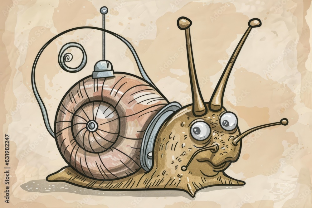 Cartoon cute doodles of a snail radio with a shell that has dials and ...