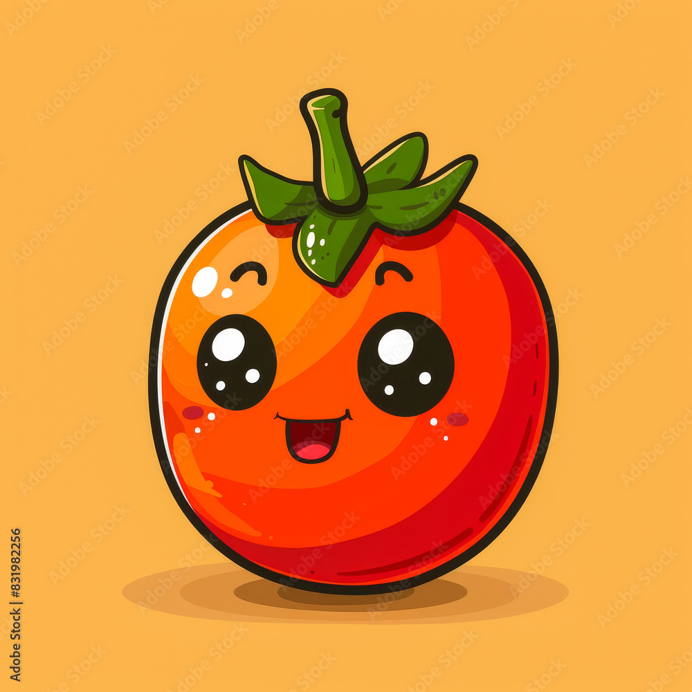 Obraz premium Happy Kawaii Tomato. Generated image. A digital illustration of a cute, happy Kawaii cartoon character of a tomato with big eyes.