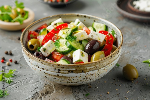 Griechischer Salat mit Oliven und Feta in einer Schale aus Steingut  photo