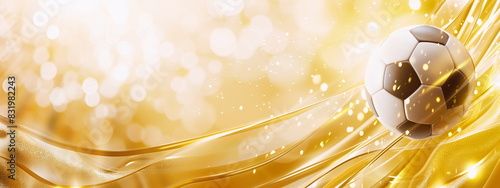 A football soccer ball  flies on a golden background, the concept of celebrating a soccer championship victory
