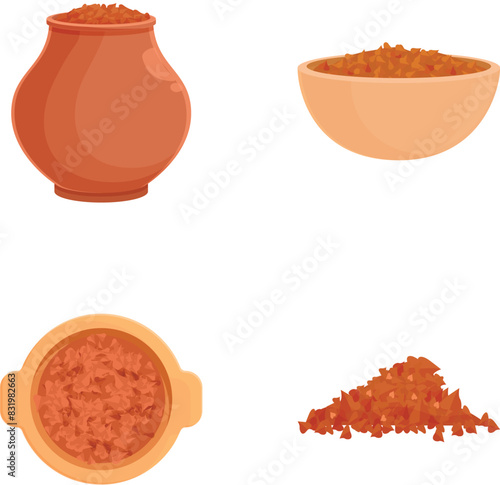 Assorted rice illustrations set featuring various rice varieties in bowls, pots, and casseroles, with piles of grains and other ricerelated elements