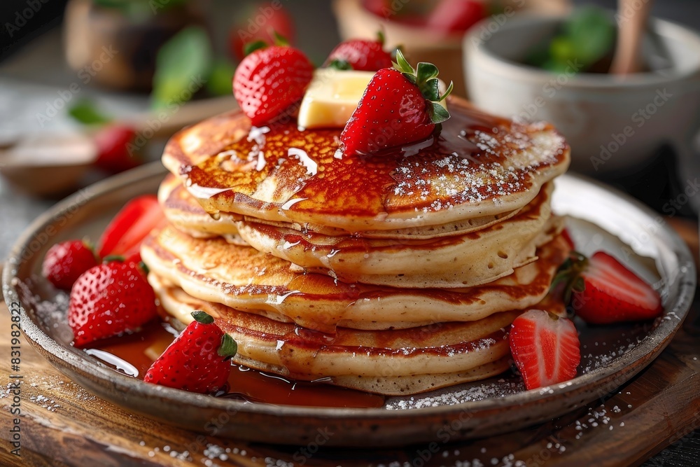 Pancakes - Fluffy stack of pancakes topped with butter and maple syrup. Pancakes - Fluffy stack of pancakes topped with butter and maple syrup.