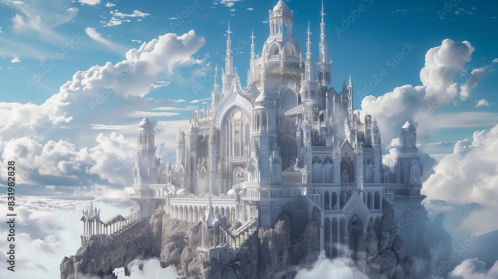 Naklejka premium A mythical palace, surrounded by a halo of extraordinary splendor. Its towers reach into the sky and its walls are decorated with mystical symbols and patterns.