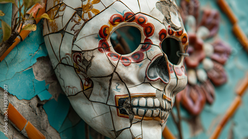 Ceramic cracked mask in the shape of a skeleton head photo