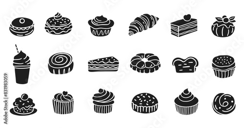 Sweet Bakery Menu Dessert Cakes Doodle Icons Set