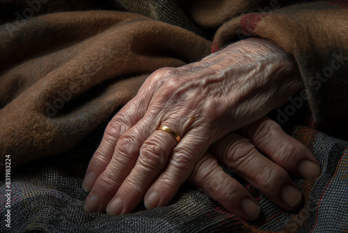 Weathered Hands of Elderly Person with Gold Wedding Ring - Detailed Close-up. AI Generated Photo