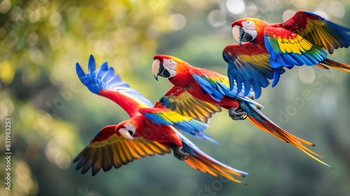 Colorful macaw parrots flying in the sky. Generative Ai