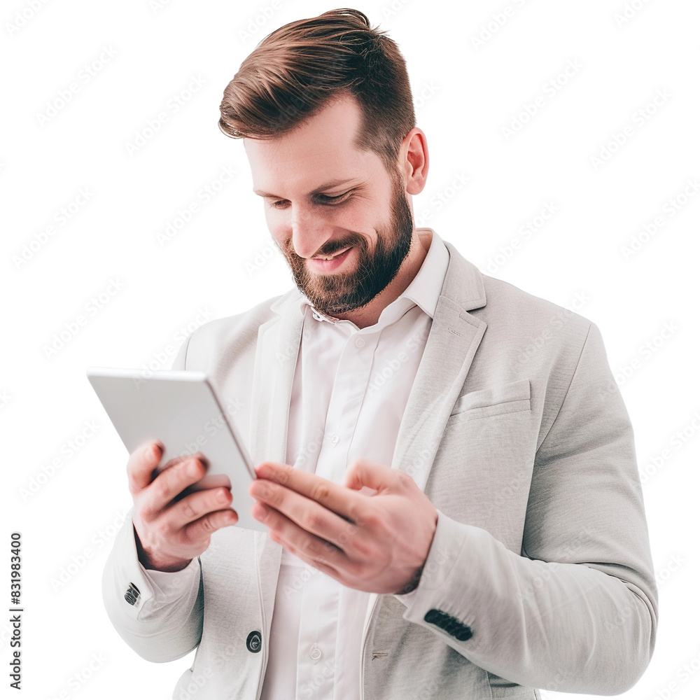 Businessman using his tablet, isolated on a white or transparent background. Businessman using his tablet, isolated on a white or transparent background.