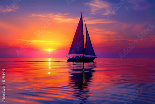 A sailboat glides on calm waters during a stunning sunset