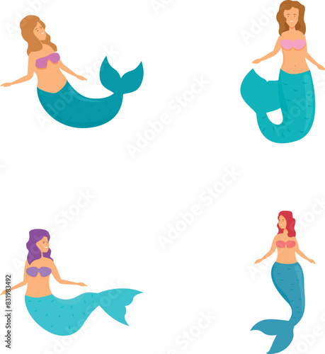 Collection of four diverse mermaids with different hairstyles and tail colors in a flat design style