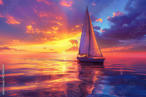 A sailboat glides on calm waters during a stunning sunset