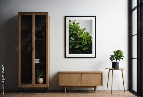 the inside of a room Window  plant  vase  wooden table  cabinet  and frame on a white wall