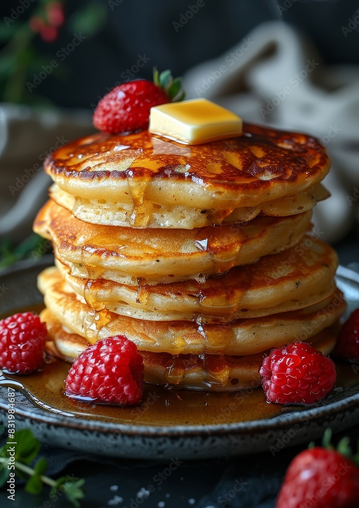 Pancakes - Fluffy stack of pancakes topped with butter and maple syrup. Pancakes - Fluffy stack of pancakes topped with butter and maple syrup.