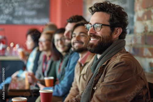 Portrait of a smiling bearded man in a coffee shop with his friends
