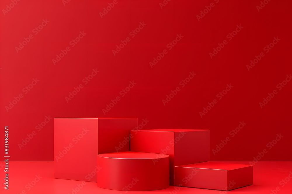 Red background, red podiums in the middle of the composition, simple geometric shapes, minimalist style, atmosphere, red color scheme, C4D rendering, high resolution photography, studio light