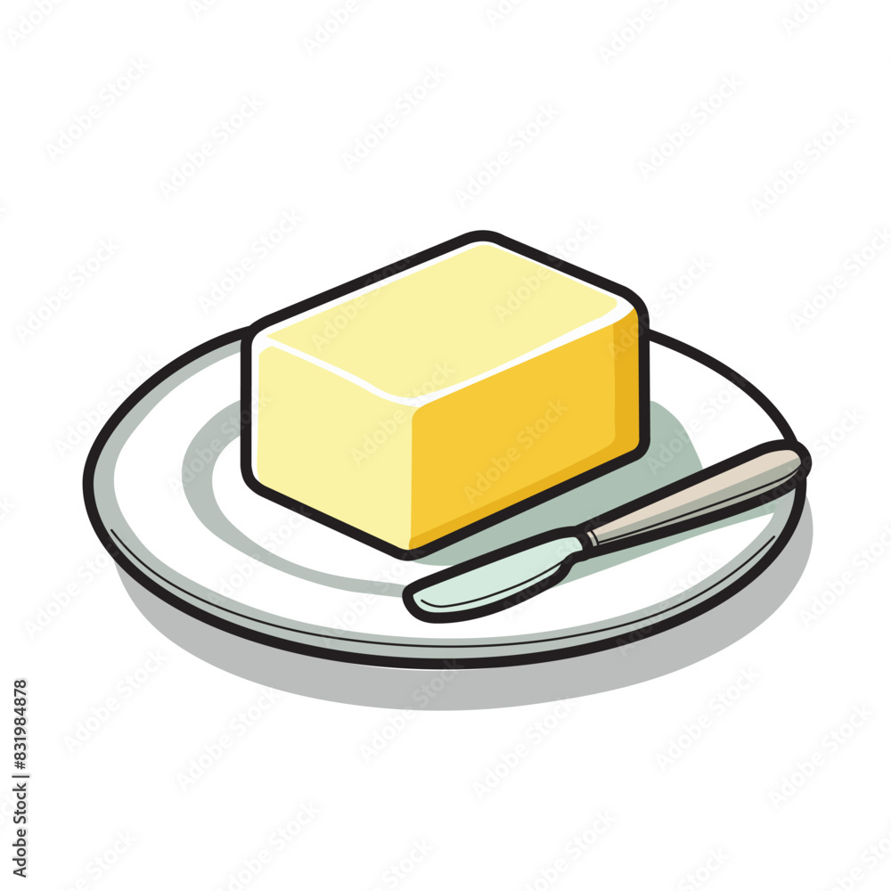Illustration Vector Graphic Cartoon of a Soft, Creamy Butter Resting on a White Plate Illustration Vector Graphic Cartoon of a Soft, Creamy Butter Resting on a White Plate