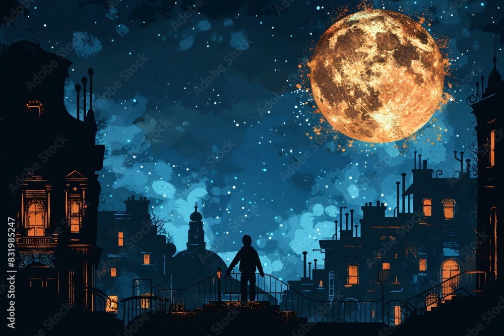 Naklejka premium Detailed illustration of a mysterious cityscape under a large, glowing moon with stars sprinkled across the night sky